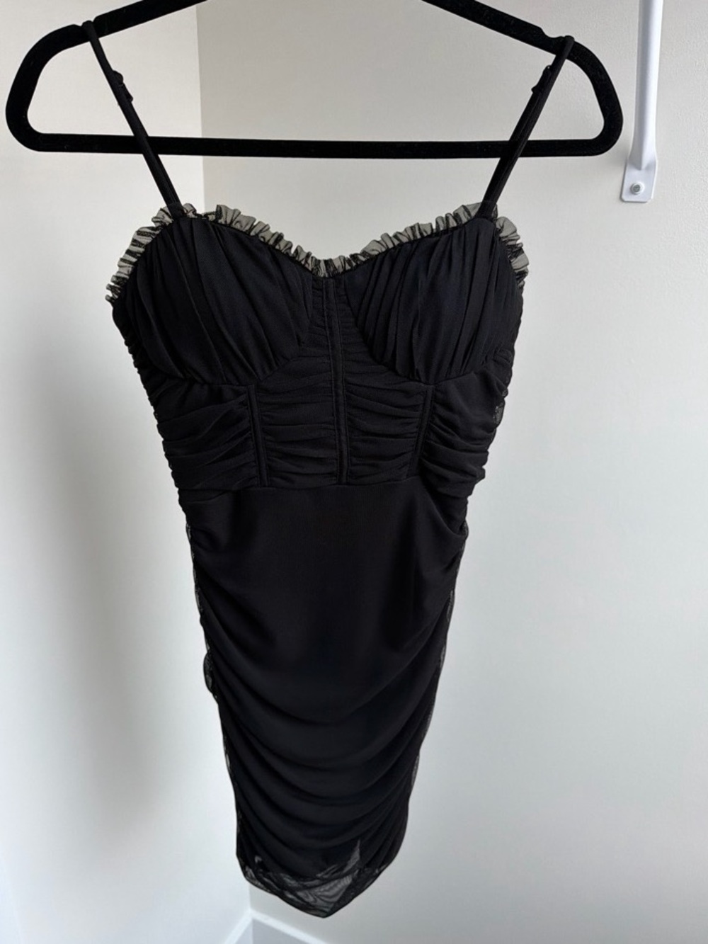 City Studio Black Ruched Mini Dress with Ruffle Trim